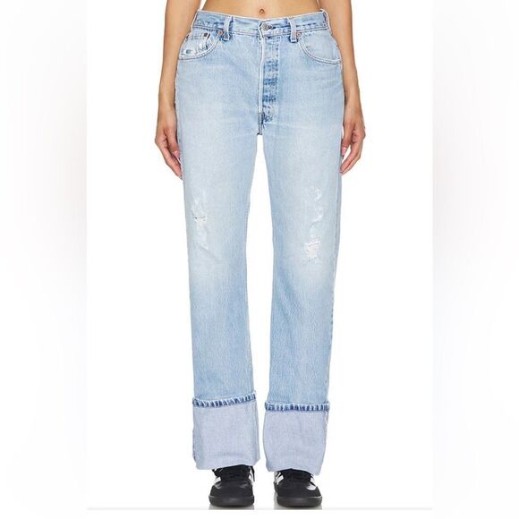 NWT Aligrace Levis jeans Cuffed Baggy Customs blue Light Wash Revolve $398 26 - Picture 1 of 13